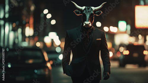 A hyper-realistic humanoid cow strides confidently down a dimly lit New York street at night, dressed in a sleek, custom-tailored black suit with subtle gold details glinting under the streetlights.