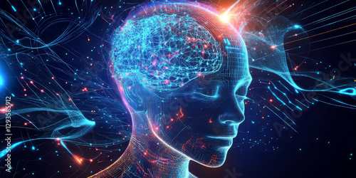 A glowing futuristic digital twin, composed of swirling cybernetic energy trails, pulsating holographic AI-driven intelligence, and intricate neural data grids. The high-tech abstract background