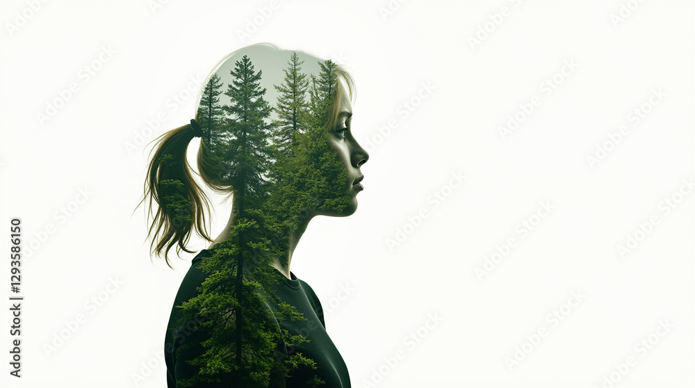 Fototapeta premium Save forest. Ecology problem. Nature conservation. Double exposure profile silhouette of upset depressed girl face