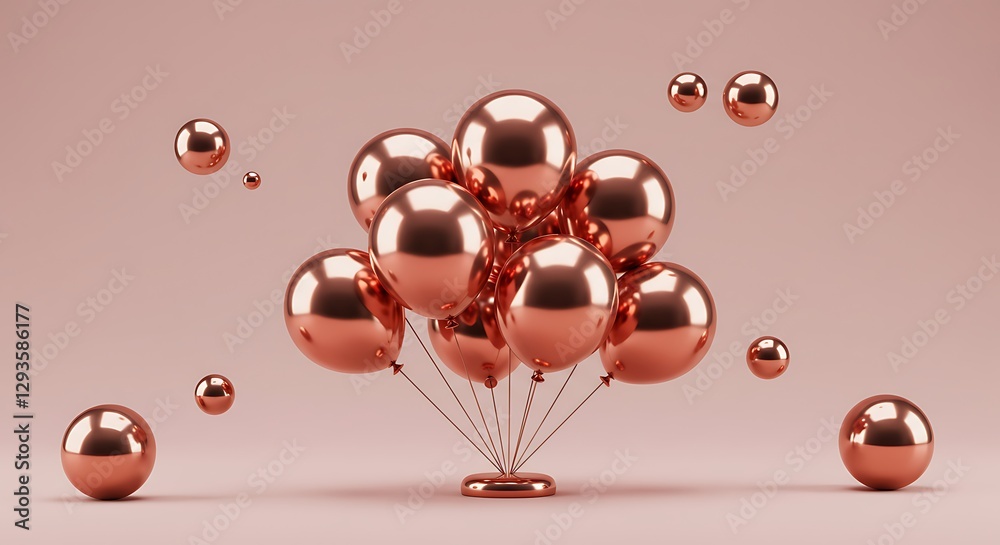 Obraz premium Rose Gold and White Shiny Balloons Floating Against a Light Gray Background 