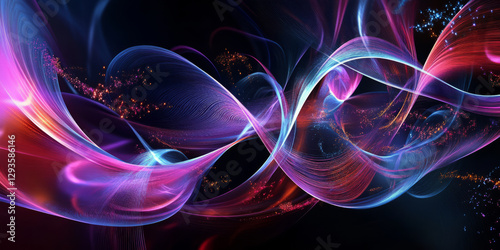A surreal abstract background with fluid light ribbons flowing through a digital void. The luminous strands intertwine, forming intricate patterns of motion and energy. The high-tech ambiance is