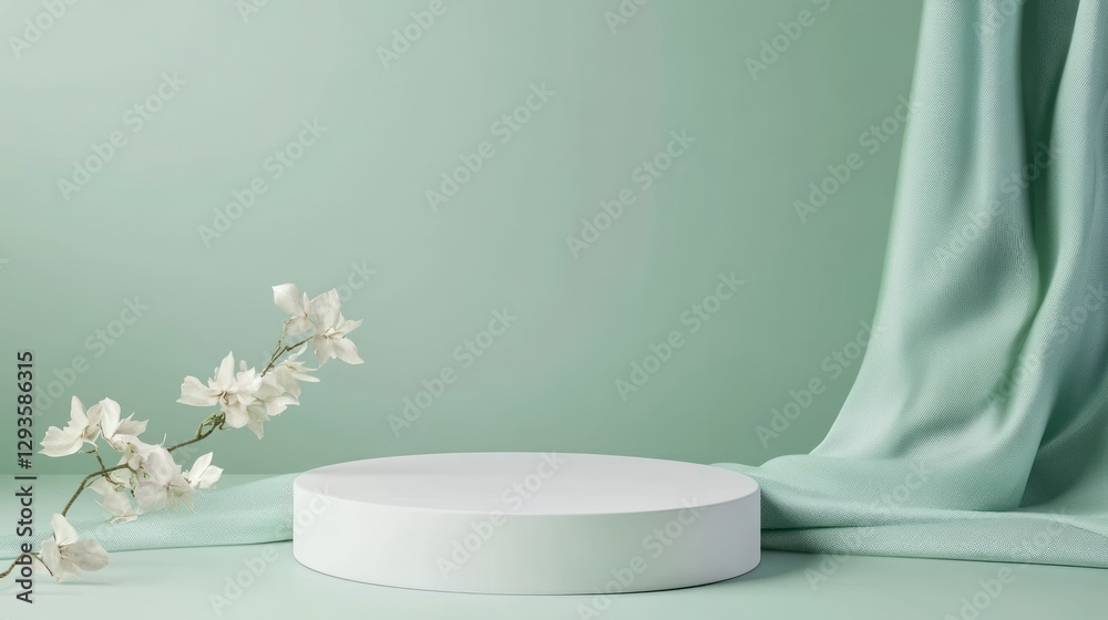 White round podium or pedestal, isolated on a pastel green background for product display with copy space White round podium or pedestal, isolated on a pastel green background for product display with copy space