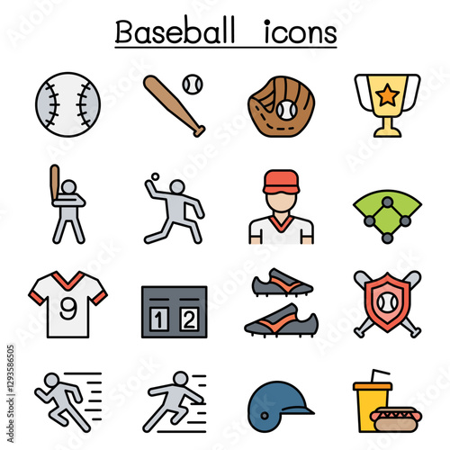 Baseball and softball icon set in thin line style