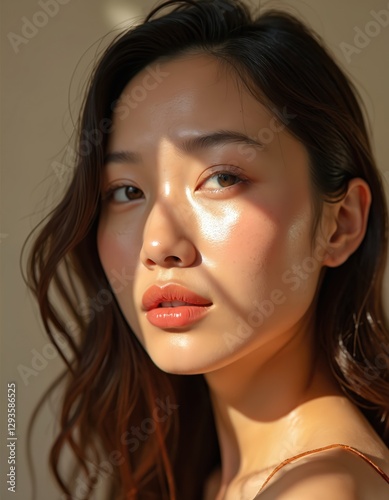 Portrait of beautiful asian woman with wet dewy skin. Closeup of natural face, nude makeup. Spa relaxation, wellness, skincare, hydration and youth. Beauty, healthy, purity and facial care. photo