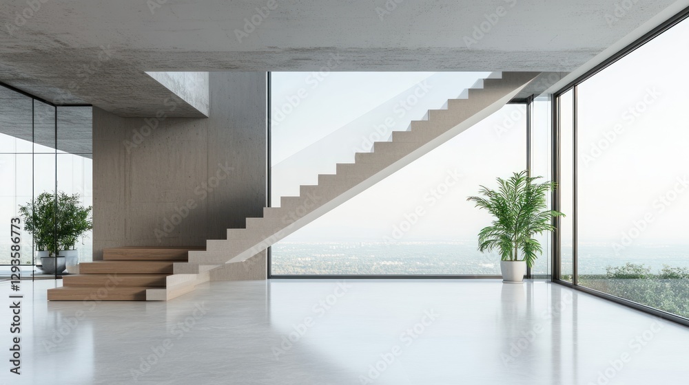 Fototapeta premium Modern Minimalist Interior Design: A Stunning Staircase with Panoramic City Views