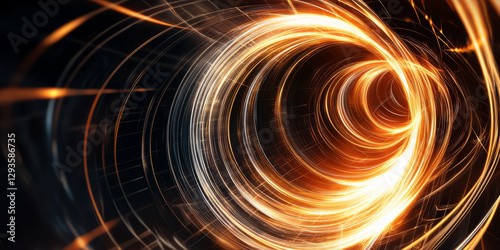 A high-tech abstract background featuring a radiant vortex of swirling neon energy. The luminous strands of light spiral inward, forming a mesmerizing cybernetic whirlpool of digital power and