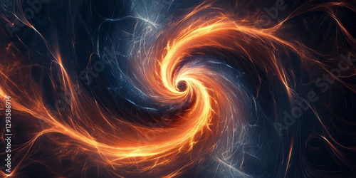 A high-tech abstract background featuring a radiant vortex of swirling neon energy. The luminous strands of light spiral inward, forming a mesmerizing cybernetic whirlpool of digital power and