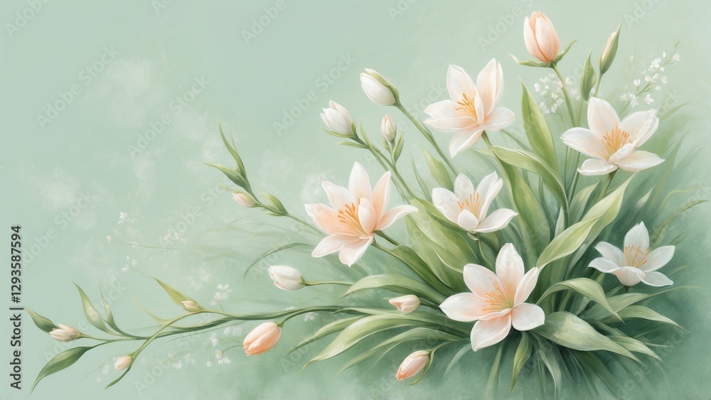 Fototapeta premium Elegant white lilies in a soft green watercolor background