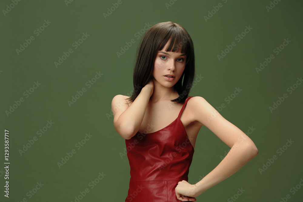 A young woman in a red dress, posing confidently with hands on her hips, gazes directly into the camera against a simple background A young woman in a red dress, posing confidently with hands on her hips, gazes directly into the camera against a simple background