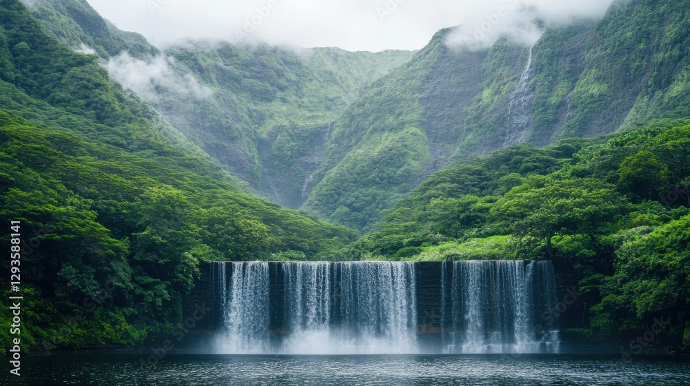 Fototapeta premium Majestic waterfall cascading down lush green cliffs surrounded by misty mountains in tranquil nature setting