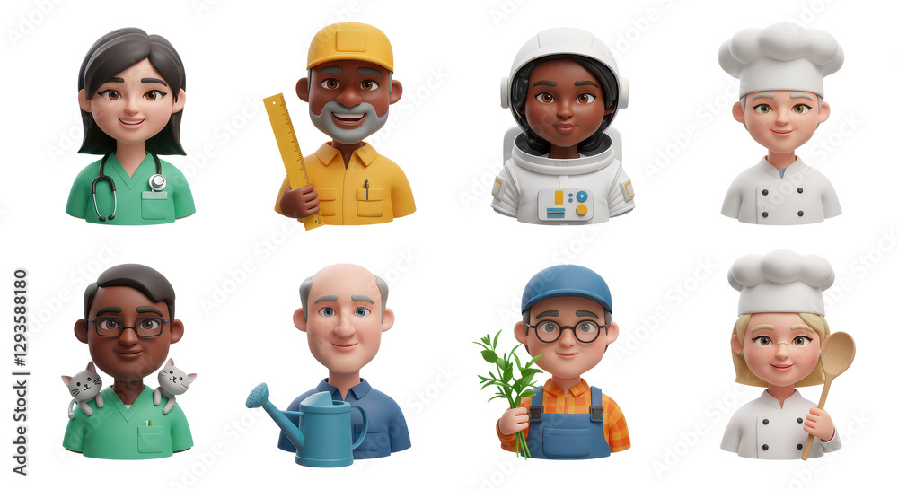 3D illustration of smiling people close up portraits set. Cute cartoon business men and women avatars, multi ethnic male and female characters faces, isolated on white 3D illustration of smiling people close up portraits set. Cute cartoon business men and women avatars, multi ethnic male and female characters faces, isolated on white