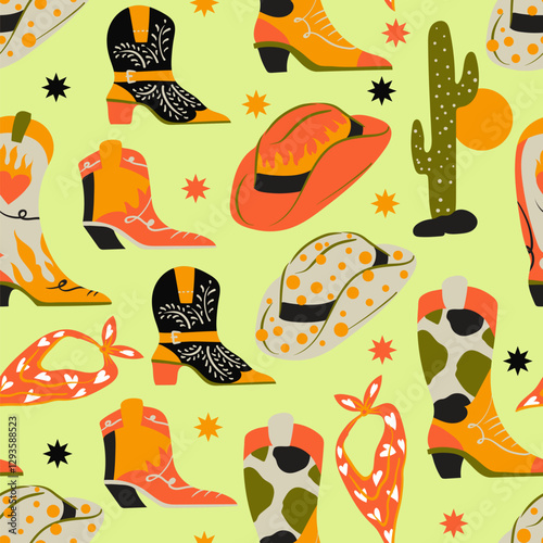 Seamless pattern with Americans cowboy boots and hats. Vector.