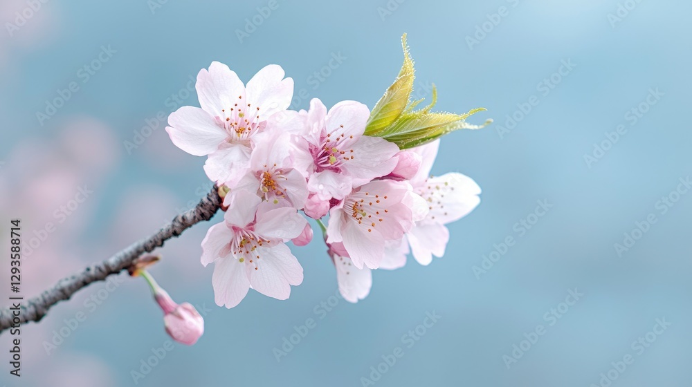 Obraz premium Blossoming cherry branch against soft blue sky. Possible use Springtime beauty, nature background, desktop wallpaper