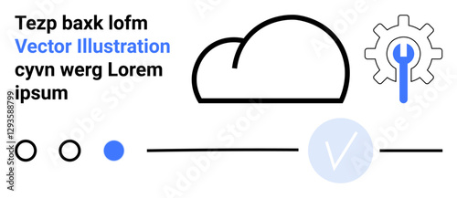 Cloud icon, gear with wrench, progress lines, checkmark, and text elements in black and blue. Ideal for cloud service, technology setup, software development, data management project tracking user