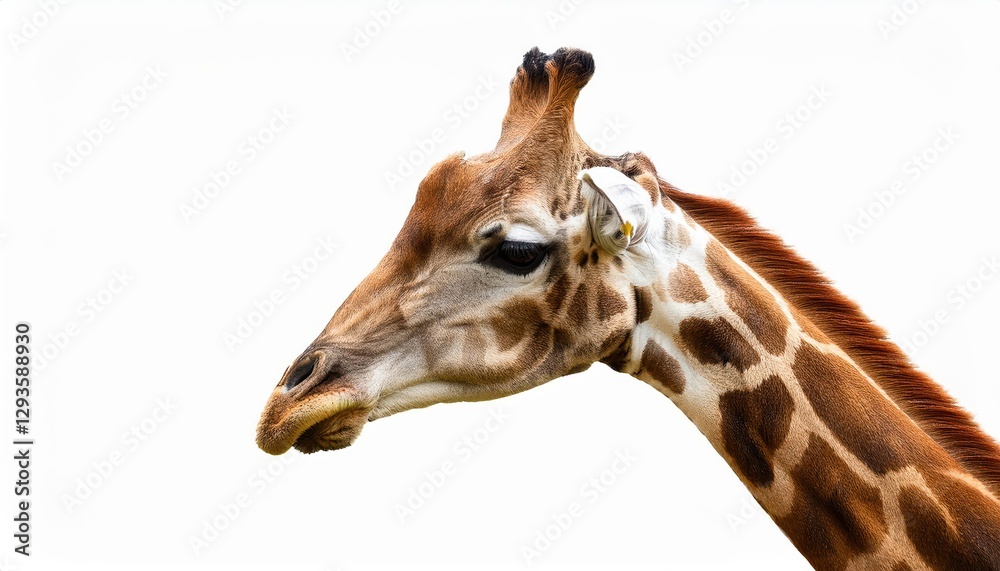 Isolated Majesty A Striking Closeup of a Towering Giraffes Head, Showcasing Rich Textures and Vibrant Patches Against the African Savannah Backdrop. Isolated Majesty A Striking Closeup of a Towering Giraffes Head, Showcasing Rich Textures and Vibrant Patches Against the African Savannah Backdrop.