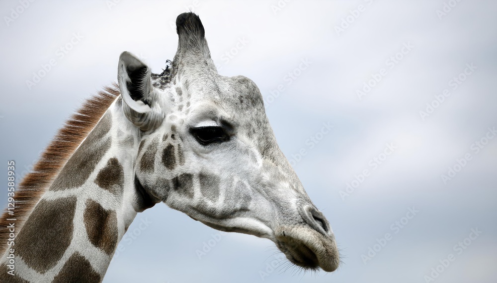 Naklejka premium Striking Portrait of a Majestic Giraffe at Sunrise, Showcasing a Gaze Full of Wisdom and Grace, Displaying Rich Textures and Vibrant Patterns, Capturing the Essence of African Wildlifes Noble