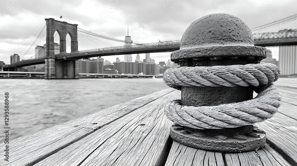 Obraz premium Brooklyn Bridge view, pier bollard, NYC skyline