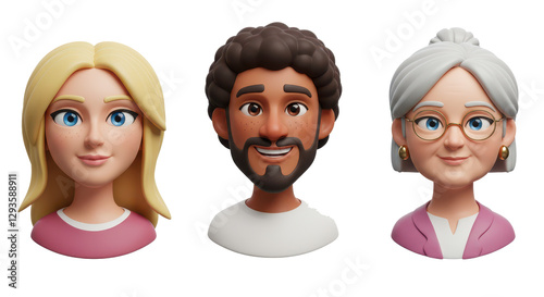 3D illustration of smiling people close up portraits set. Cute cartoon business men and women avatars, multi ethnic male and female characters faces, isolated on white
