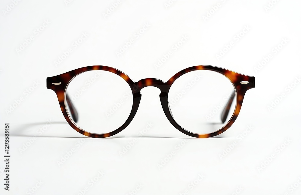 Classic tortoise shell round eyeglasses on white background surface. Fashionable eyewear with retro vintage design, clear lenses, brown amber plastic frame, optical accessory for vision correction. Classic tortoise shell round eyeglasses on white background surface. Fashionable eyewear with retro vintage design, clear lenses, brown amber plastic frame, optical accessory for vision correction.