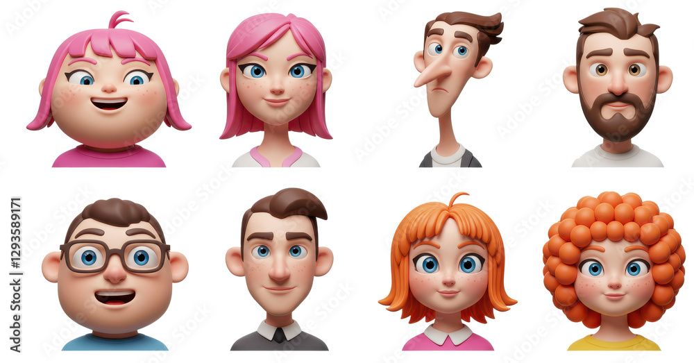 3D illustration of smiling people close up portraits set. Cute cartoon business men and women avatars, multi ethnic male and female characters faces, isolated on white 3D illustration of smiling people close up portraits set. Cute cartoon business men and women avatars, multi ethnic male and female characters faces, isolated on white