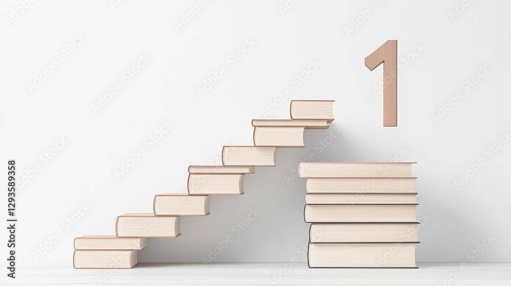Obraz premium Stacked Books Forming Steps with Number One Symbolizing Success