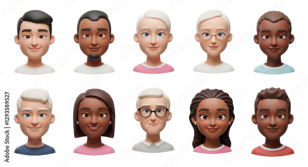 3D illustration of smiling people close up portraits set. Cute cartoon business men and women avatars, multi ethnic male and female characters faces, isolated on white 3D illustration of smiling people close up portraits set. Cute cartoon business men and women avatars, multi ethnic male and female characters faces, isolated on white