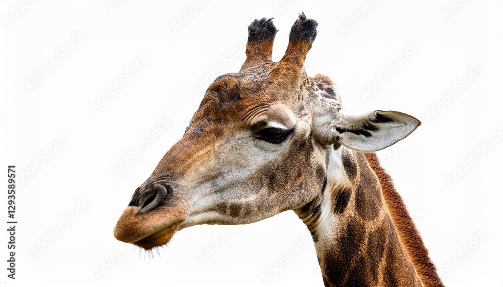 Naklejka premium Majestic Giraffe Stands Proud Against a Crisp White Backdrop, Demonstrating Grace and Power in Black and White Portrait.