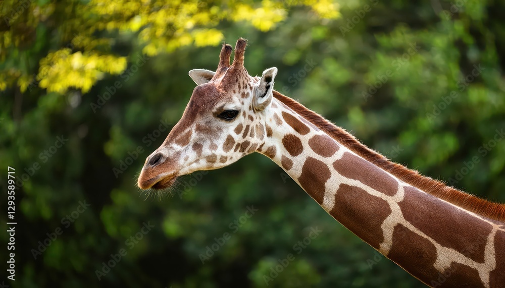 Majestic Giraffe Spotted in Serengeti Plains, Long Neck Stretched Against Backdrop of Verdant Green Trees and Vibrant Savannah Landscape, Capturing the Wild Energy and Tranquility of African Majestic Giraffe Spotted in Serengeti Plains, Long Neck Stretched Against Backdrop of Verdant Green Trees and Vibrant Savannah Landscape, Capturing the Wild Energy and Tranquility of African