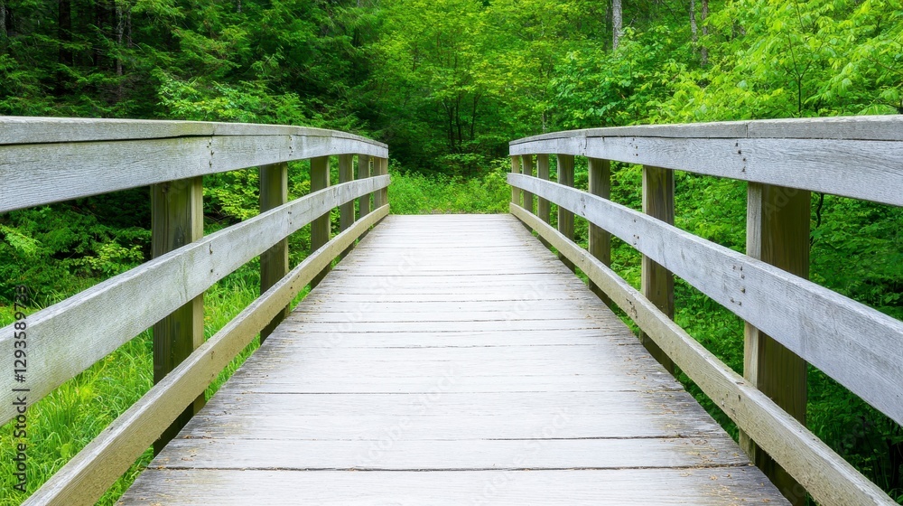 Serene Wooden Bridge Surrounded by Lush Green Forest Landscape Serene Wooden Bridge Surrounded by Lush Green Forest Landscape
