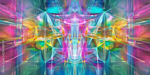 A mesmerizing abstract background with intricate refractions of crystalline neon light, bouncing off transparent geometric panels. The futuristic interplay of color, depth, and reflection creates a