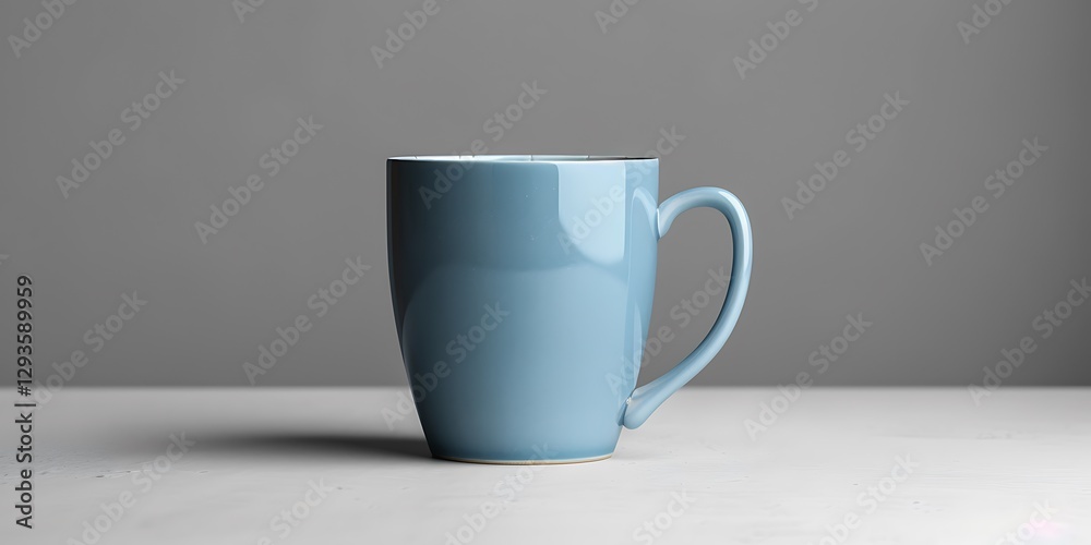 A blue porcelain mug mockup isolated on a neutral grey backdrop photographed from the right side to highlight its smooth texture and vibrant color