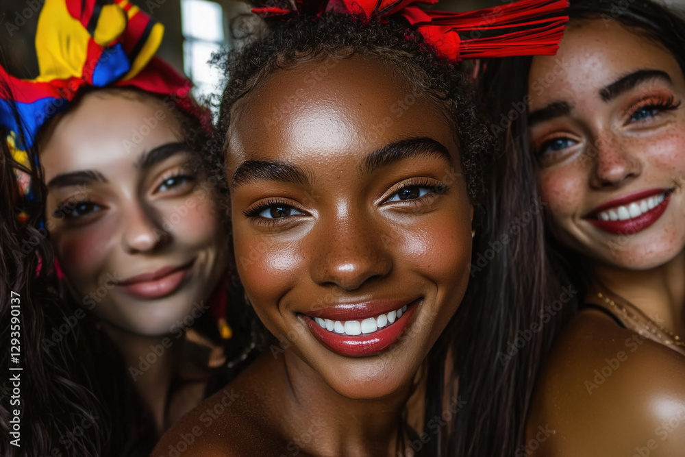 Close-up of three young women smiling with colorful headbands highlighting their radiant skin happy expressions and a softly blurred indoor background Close-up of three young women smiling with colorful headbands highlighting their radiant skin happy expressions and a softly blurred indoor background
