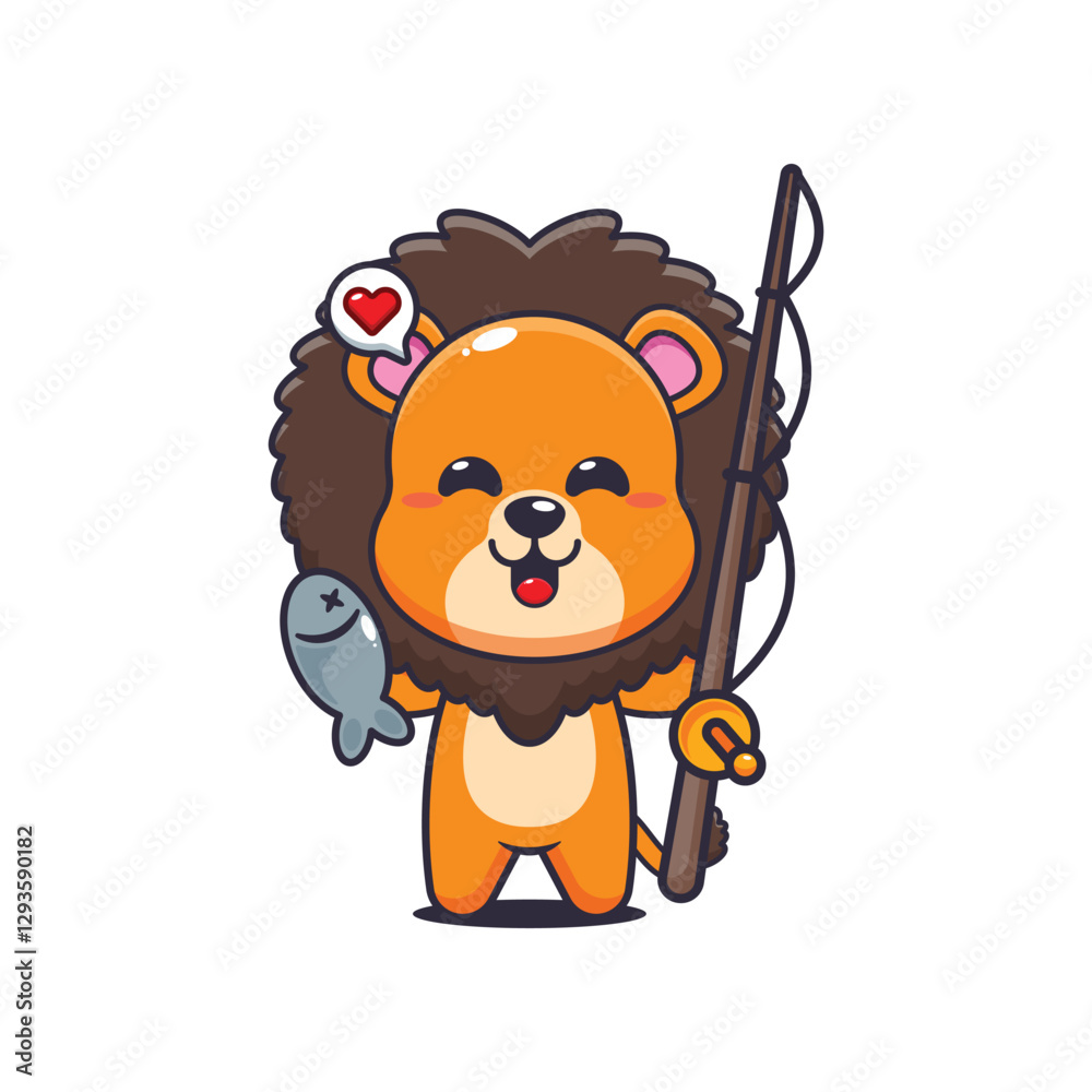 Fototapeta premium Lion cartoon vector illustration catching fish with fishing rod