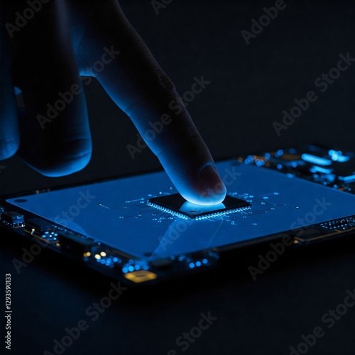 Dito che tocca un processore del futuro, sviluppo di nuove tecnologie