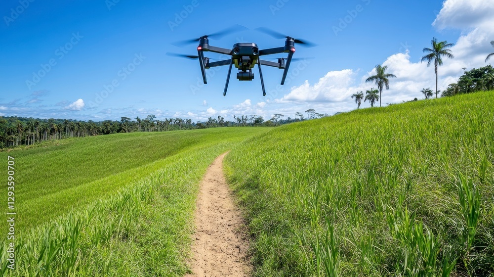 Drone Flying Over Lush Green Rice Field with Blue Sky Background Drone Flying Over Lush Green Rice Field with Blue Sky Background