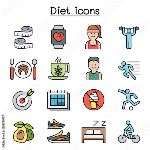 Losing weight, Diet, Exercise icon set in thin line style