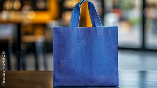 Wallpaper Mural Blue Tote Bag on Table in Modern Cafe Setting with Blurred Background Torontodigital.ca