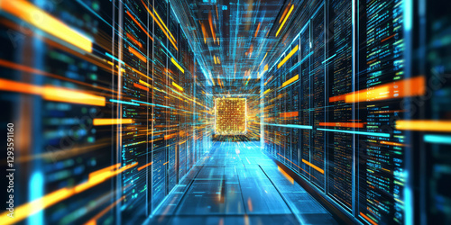 A glowing futuristic quantum data cluster, surrounded by swirling AI-powered cybernetic waves, holographic machine learning pathways, and pulsating blockchain security nodes. The high-tech abstract