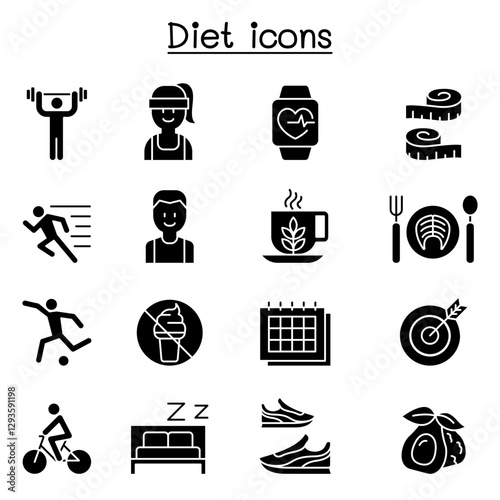 Losing weight, Diet, Exercise icon set in thin line style