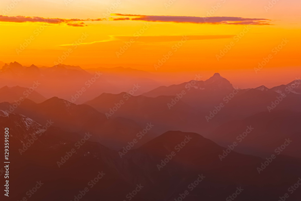 Alpine sunset or sundowner at Mount Zugspitze, Top of Germany, Garmisch-Partenkirchen, Werdenfelser Land, Bavaria, Germany Alpine sunset or sundowner at Mount Zugspitze, Top of Germany, Garmisch-Partenkirchen, Werdenfelser Land, Bavaria, Germany