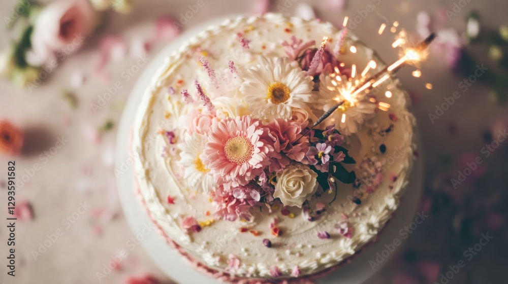 Fototapeta premium A beautiful birthday cake adorned with pastel flowers and sparklers for a special celebration