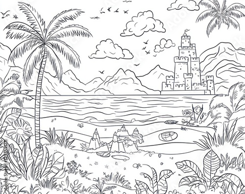 Tropical beach castle coloring page kids' activity