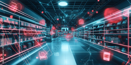 A mesmerizing futuristic AI-powered smart retail system, featuring glowing cybernetic automated checkout pathways, pulsating holographic personalized shopping grids, and swirling digital consumer