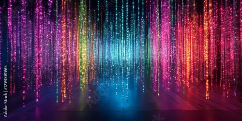 A mesmerizing abstract background with cascading, shimmering neon strands, forming an intricate cybernetic waterfall of digital energy. The futuristic interplay of motion and light creates an