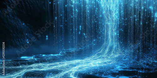 A mesmerizing abstract background with cascading, shimmering neon strands, forming an intricate cybernetic waterfall of digital energy. The futuristic interplay of motion and light creates an