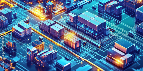 A mesmerizing futuristic AI-powered logistics hub, featuring glowing cybernetic supply chain pathways, pulsating holographic warehouse automation grids, and swirling quantum-enhanced delivery network
