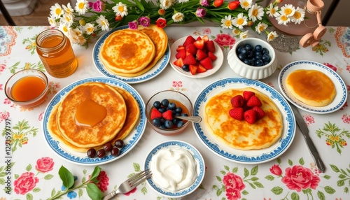 Wallpaper Mural A delightful pancake breakfast featuring fluffy pancakes topped with fruits and syrup, set on a floral tablecloth, ideal for promoting brunch ideas or breakfast recipes. Torontodigital.ca