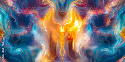 A futuristic abstract background with infinite layers of glowing, fluid neon energy cascading through a seamless cybernetic expanse. The interplay of radiant light and fluid symmetry creates an