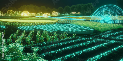 A futuristic visualization of AI-powered smart agriculture, featuring glowing cybernetic automated farming systems, pulsating holographic environmental monitoring grids, and swirling digital precision