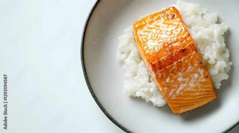 Grilled Salmon Fillet Served Over Plain White Rice Grilled Salmon Fillet Served Over Plain White Rice